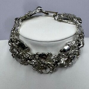 Vintage Silver Tone Floral Link Bracelet Botanical Textured Ornate Boho Floral